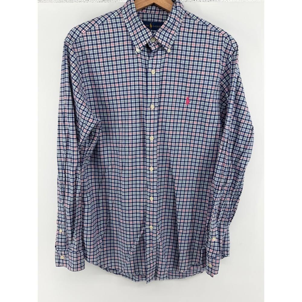 Polo Ralph Lauren Mens Medium Plaid Button Up Shirt Navy Pink Blue Cotton